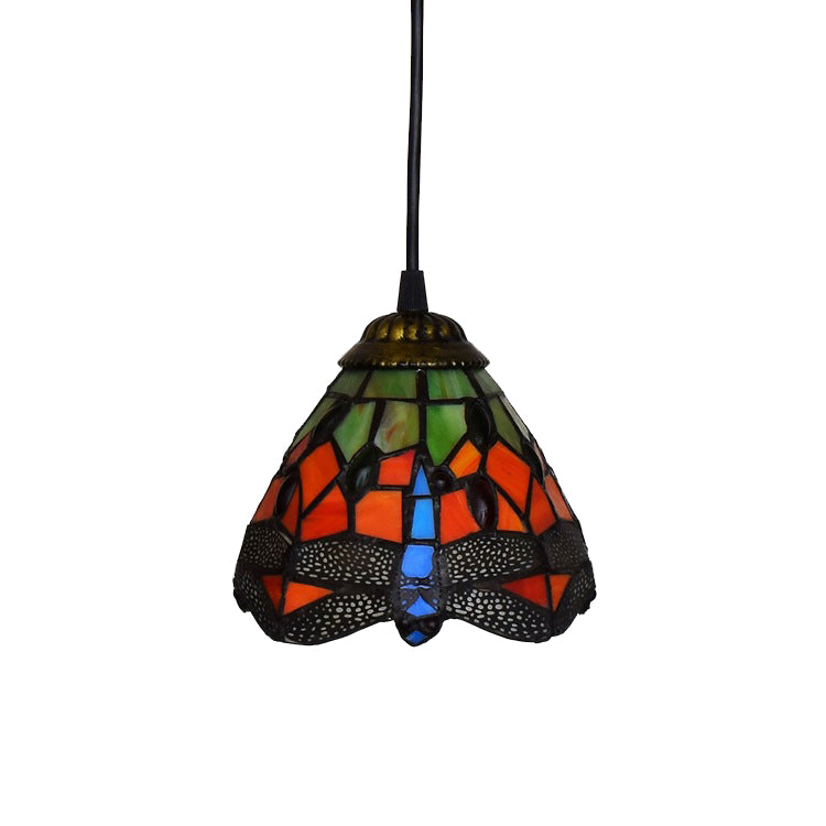 Traditional Tiffany Iron & Glass Dragonfly Cone 1-Light Pendant Light For Living Room