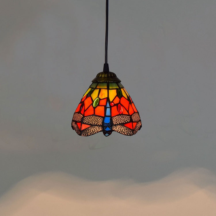 Traditional Tiffany Iron & Glass Dragonfly Cone 1-Light Pendant Light For Living Room