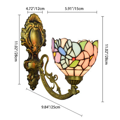 Traditional Tiffany Iron Glass Floral Cone Pattern 1-Light Wall Sconce Lamp For Living Room