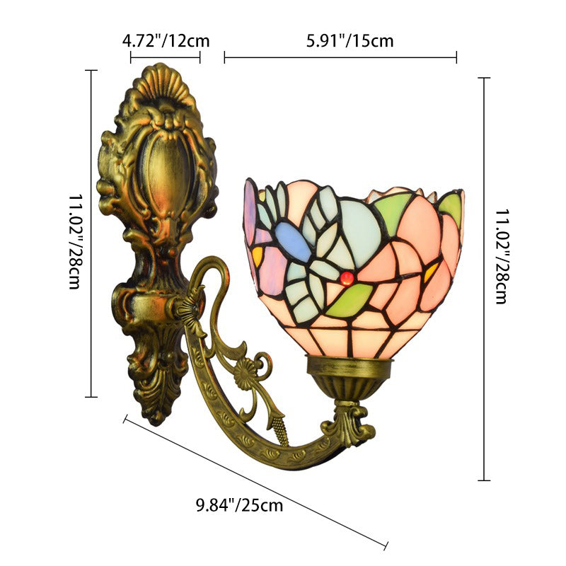 Traditional Tiffany Iron Glass Floral Cone Pattern 1-Light Wall Sconce Lamp For Living Room