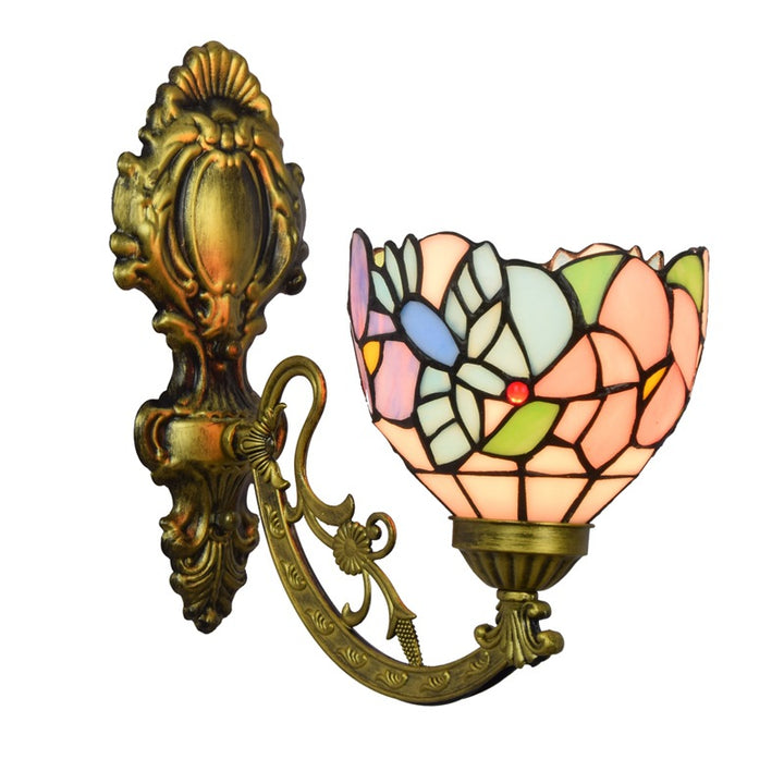 Lámpara de aplique de pared de 1 luz con patrón de cono floral de vidrio de hierro tradicional Tiffany para sala de estar 