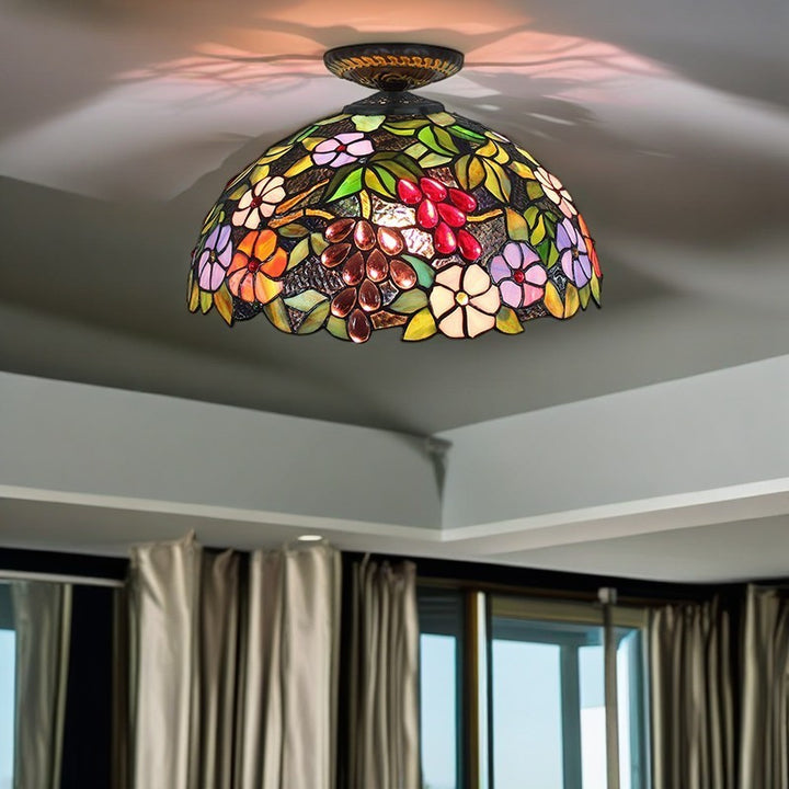 Traditional Tiffany Iron Colored Glass Floral Leaf Pattern Dome 1-Light Semi-Flush Mount Ceiling Light For Living Room