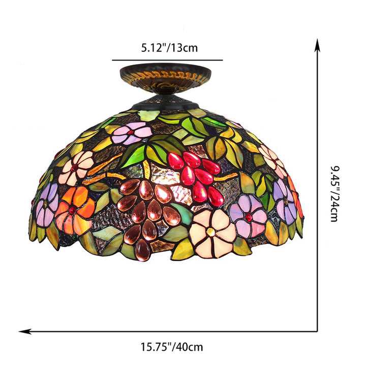 Traditional Tiffany Iron Colored Glass Floral Leaf Pattern Dome 1-Light Semi-Flush Mount Ceiling Light For Living Room