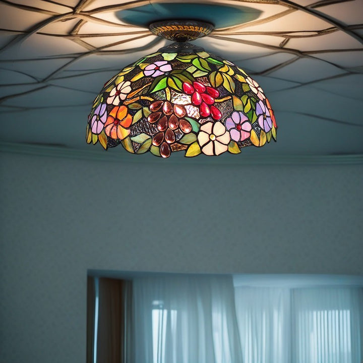 Traditional Tiffany Iron Colored Glass Floral Leaf Pattern Dome 1-Light Semi-Flush Mount Ceiling Light For Living Room