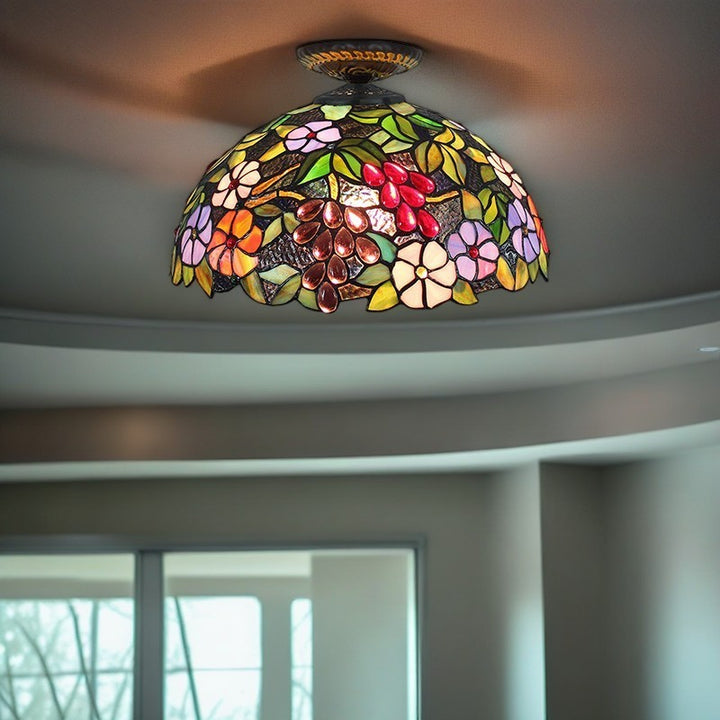 Traditional Tiffany Iron Colored Glass Floral Leaf Pattern Dome 1-Light Semi-Flush Mount Ceiling Light For Living Room