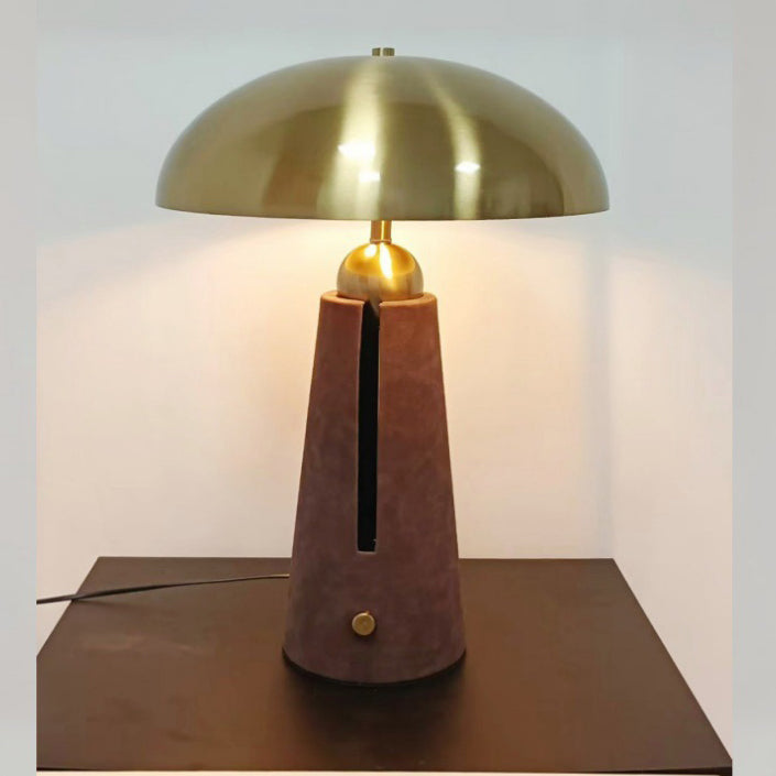 Modern Mid-Century Iron Leather Round Mushroom 2-Light Table Lamp For Bedroom