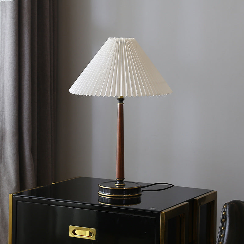 Modern Minimalist Metal Wood Pleated Fabric Cone Shade 1-Light Table Lamp For Living Room