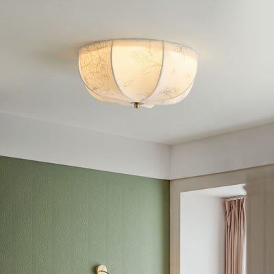 Traditional French Iron And Fabric Circular Floral Pattern LED Flush Mount Ceiling Light For Living Room