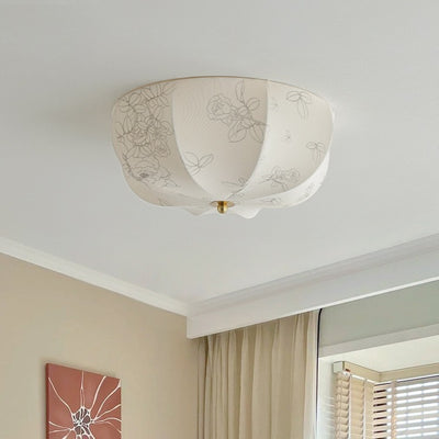 Traditional French Iron And Fabric Circular Floral Pattern LED Flush Mount Ceiling Light For Living Room