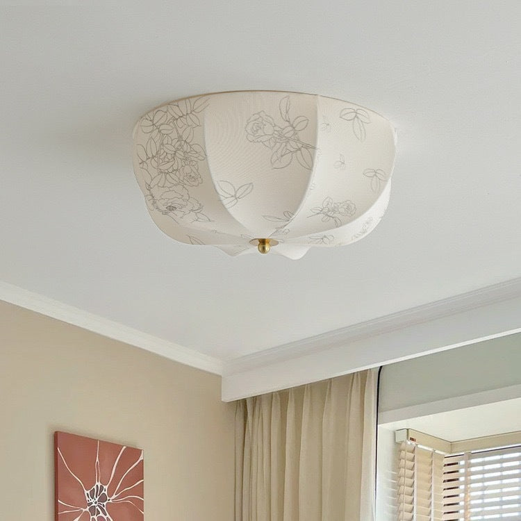 Traditional French Iron And Fabric Circular Floral Pattern LED Flush Mount Ceiling Light For Living Room