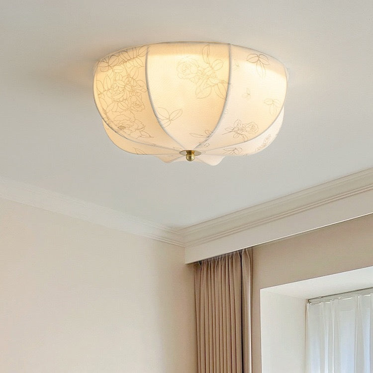 Traditional French Iron And Fabric Circular Floral Pattern LED Flush Mount Ceiling Light For Living Room