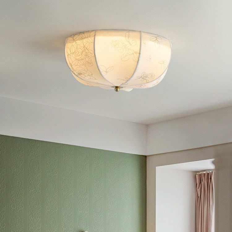 Traditional French Iron And Fabric Circular Floral Pattern LED Flush Mount Ceiling Light For Living Room