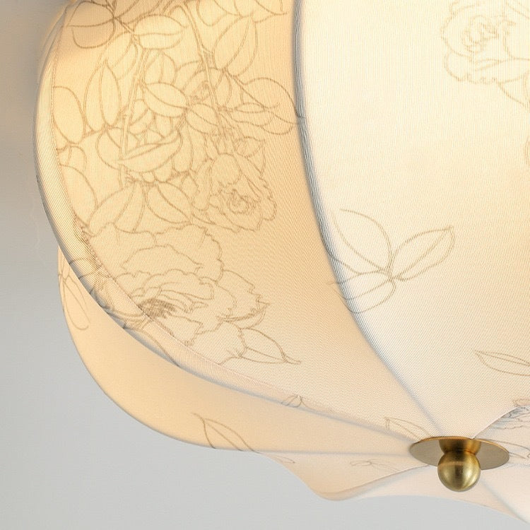 Traditional French Iron And Fabric Circular Floral Pattern LED Flush Mount Ceiling Light For Living Room