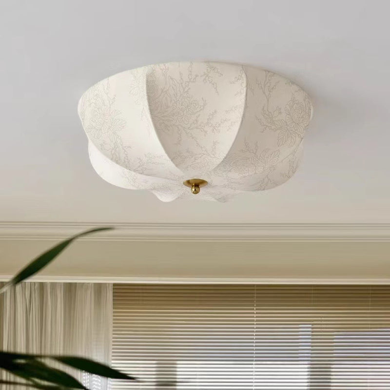Traditional French Iron And Fabric Circular Floral Pattern LED Flush Mount Ceiling Light For Living Room