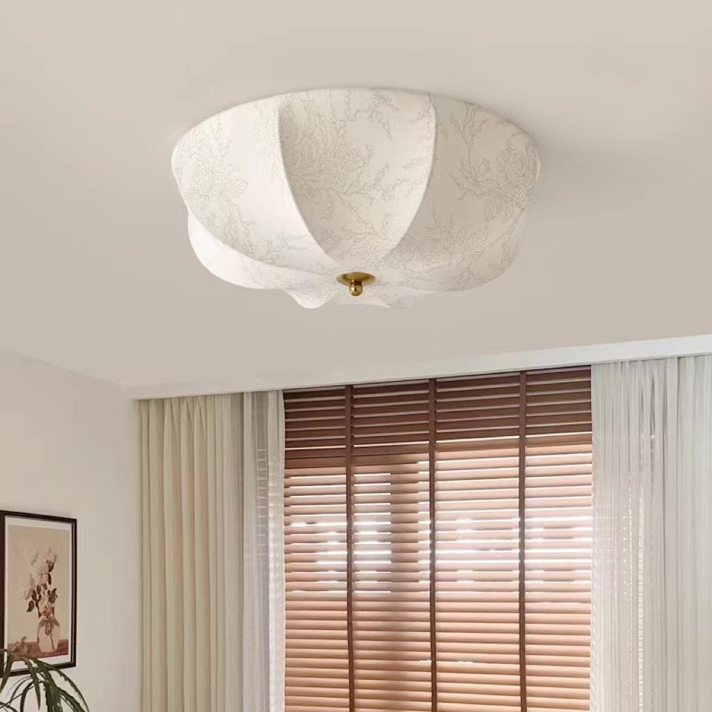 Luz de techo LED empotrada con patrón floral circular de hierro y tela tradicional francesa para sala de estar 