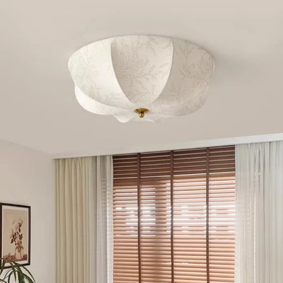 Traditional French Iron And Fabric Circular Floral Pattern LED Flush Mount Ceiling Light For Living Room