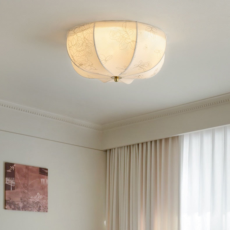 Traditional French Iron And Fabric Circular Floral Pattern LED Flush Mount Ceiling Light For Living Room