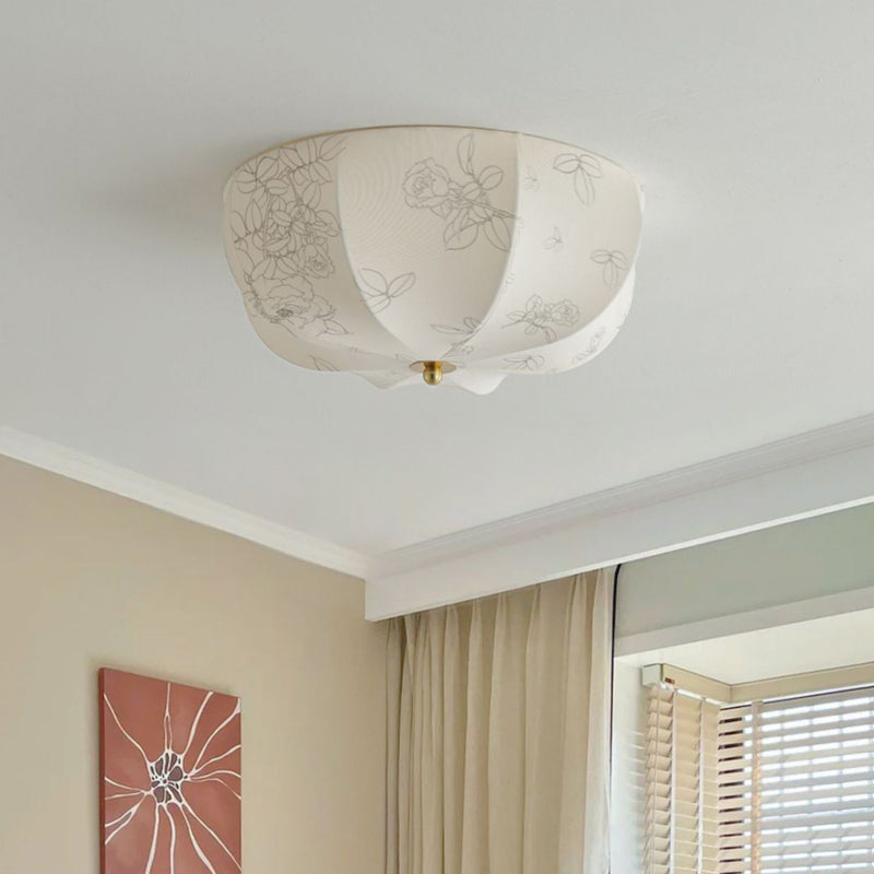Traditional French Iron And Fabric Circular Floral Pattern LED Flush Mount Ceiling Light For Living Room