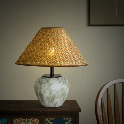 Traditional Chinese Ceramic Round Base Fabric Shade 1-Light Table Lamp For Living Room