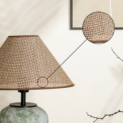 Traditional Chinese Ceramic Round Base Fabric Shade 1-Light Table Lamp For Living Room