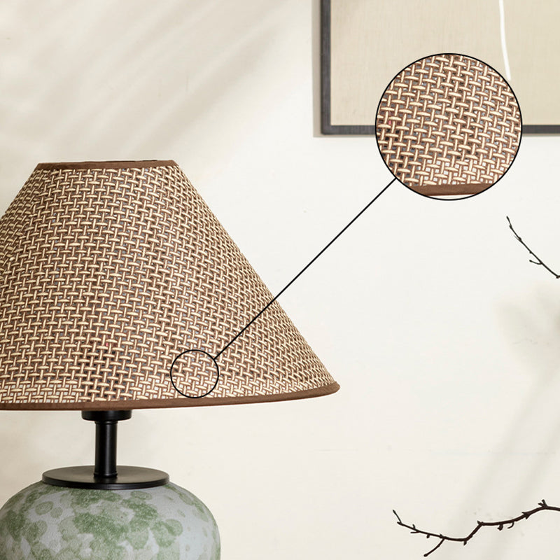 Traditional Chinese Ceramic Round Base Fabric Shade 1-Light Table Lamp For Living Room