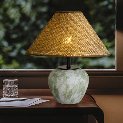 Traditional Chinese Ceramic Round Base Fabric Shade 1-Light Table Lamp For Living Room