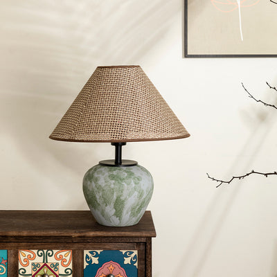 Traditional Chinese Ceramic Round Base Fabric Shade 1-Light Table Lamp For Living Room