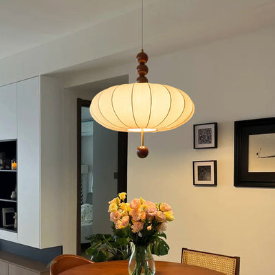 Moderne Mid-Century Metall Holz Stoff Runde 3/4-Licht Pendelleuchte für Wohnzimmer 