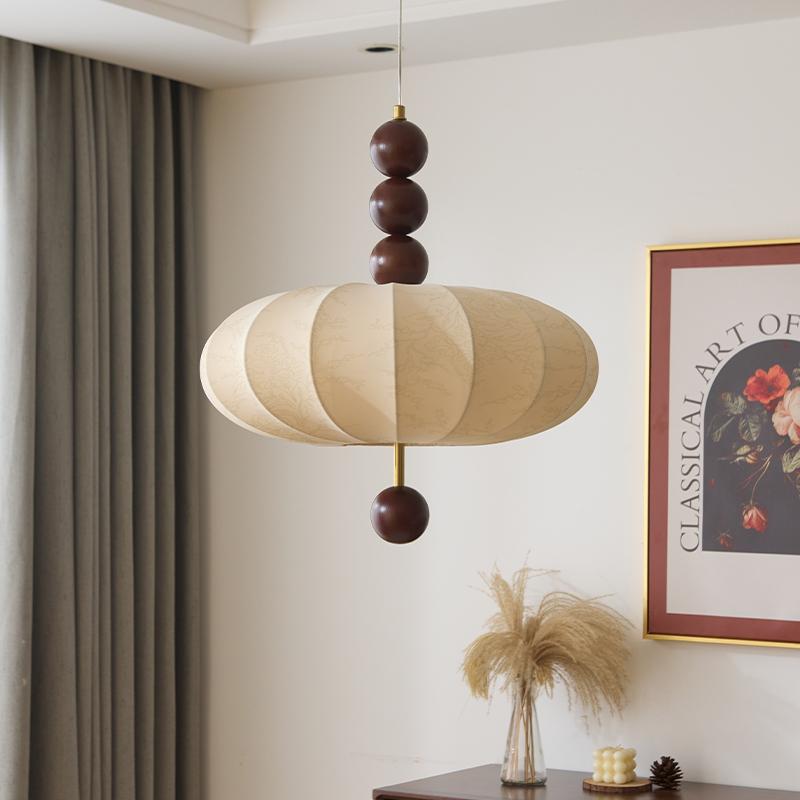 Moderne Mid-Century Metall Holz Stoff Runde 3/4-Licht Pendelleuchte für Wohnzimmer 