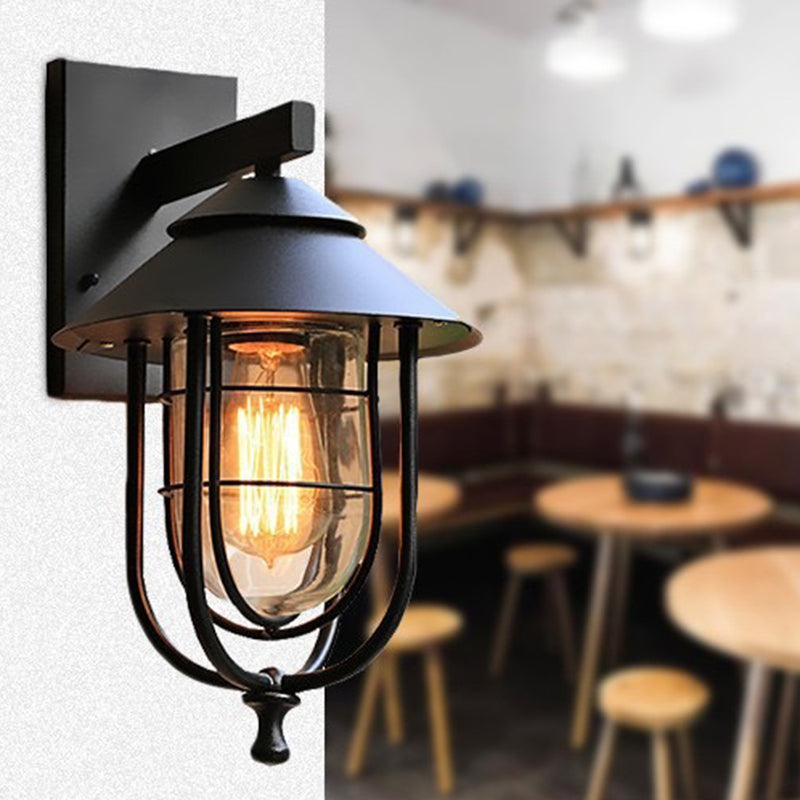 Contemporary Industrial Iron &amp; Glass Caged Cylinder 1-Light Wall Sconce Lamp For Outdoor Patio