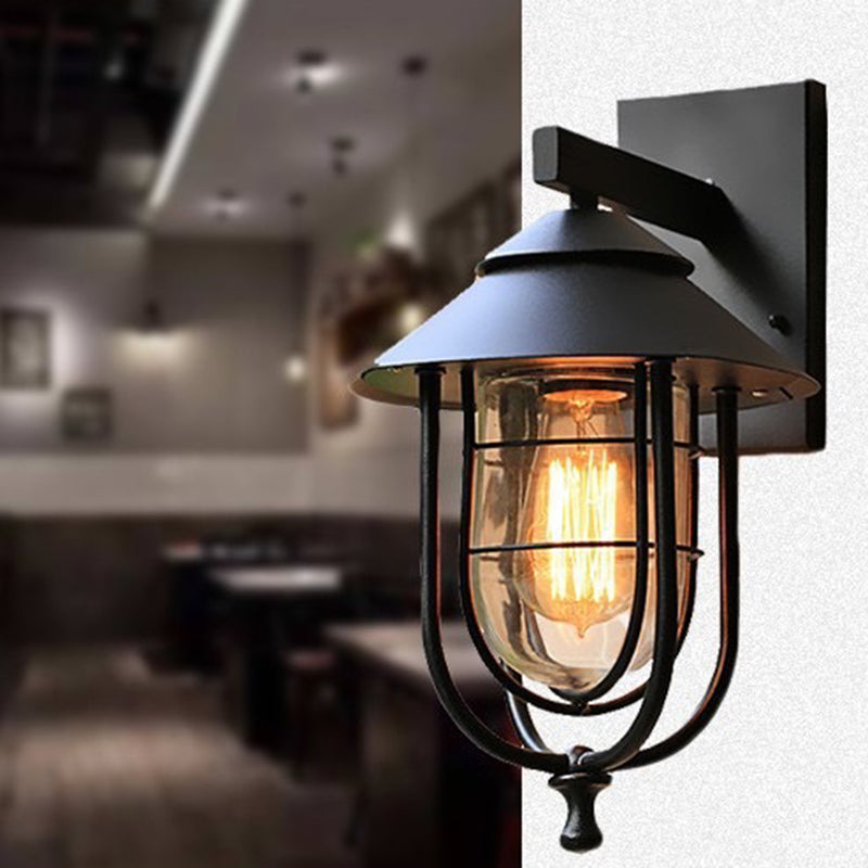 Contemporary Industrial Iron &amp; Glass Caged Cylinder 1-Light Wall Sconce Lamp For Outdoor Patio