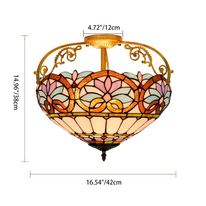 Traditional Tiffany Iron &amp; Stained Glass Heart Dome Floral Pattern 3-Light Semi-Flush Mount Ceiling Light For Living Room