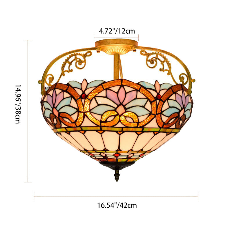 Traditionelle Tiffany Eisen- & Buntglas-Herzkuppel mit Blumenmuster, 3-Licht-Halbeinbau-Deckenleuchte für das Wohnzimmer 