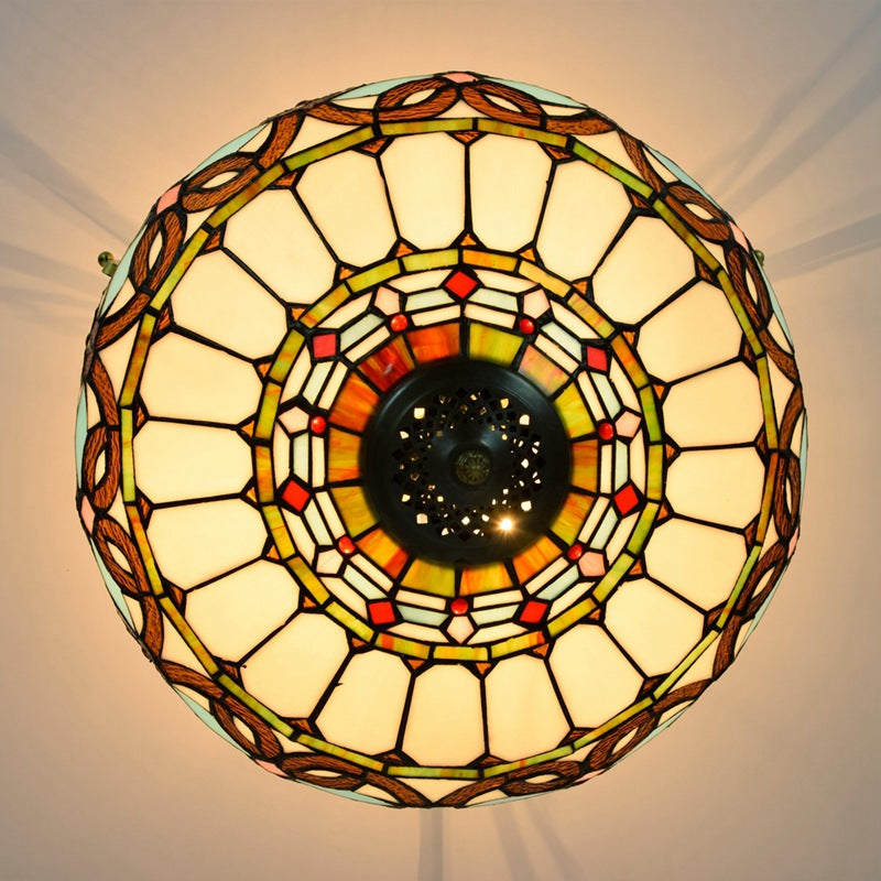 Traditional Tiffany Iron &amp; Stained Glass Heart Dome Floral Pattern 3-Light Semi-Flush Mount Ceiling Light For Living Room
