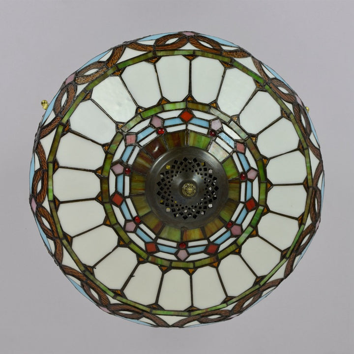 Traditional Tiffany Iron &amp; Stained Glass Heart Dome Floral Pattern 3-Light Semi-Flush Mount Ceiling Light For Living Room