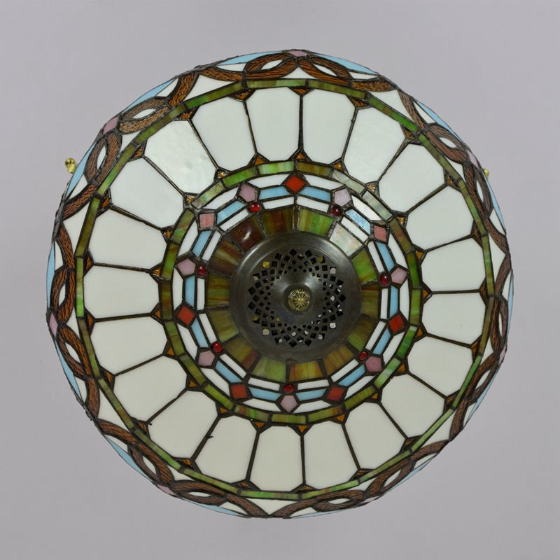 Traditionelle Tiffany Eisen- & Buntglas-Herzkuppel mit Blumenmuster, 3-Licht-Halbeinbau-Deckenleuchte für das Wohnzimmer 
