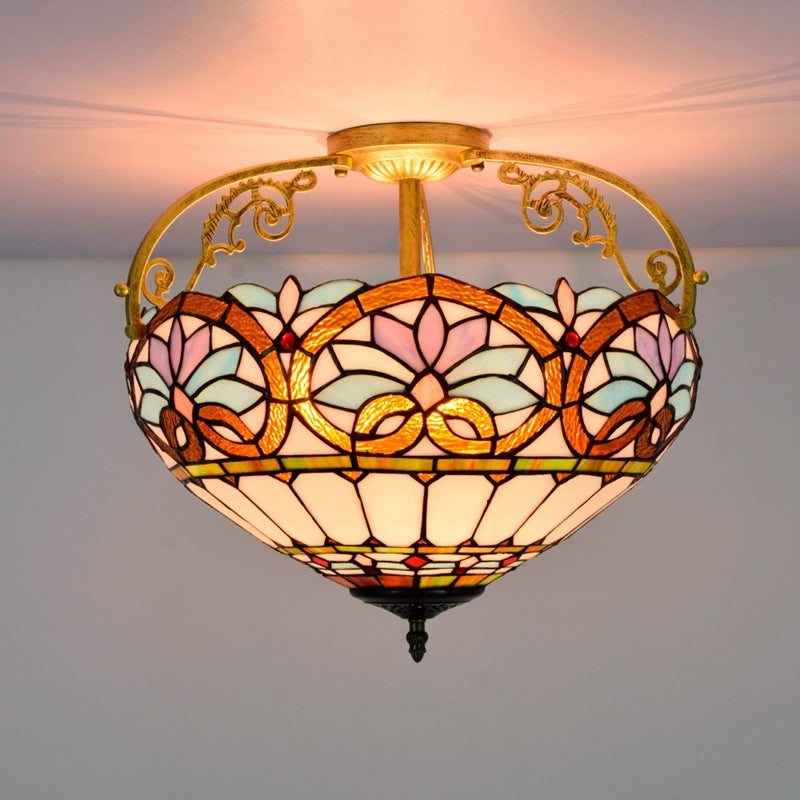 Traditional Tiffany Iron &amp; Stained Glass Heart Dome Floral Pattern 3-Light Semi-Flush Mount Ceiling Light For Living Room
