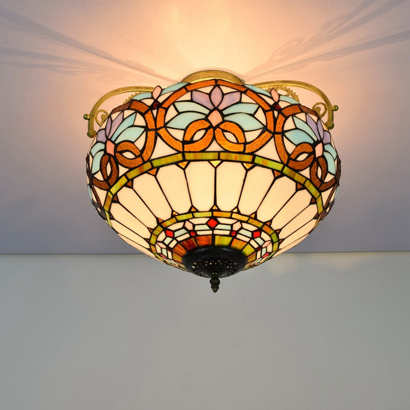Traditional Tiffany Iron &amp; Stained Glass Heart Dome Floral Pattern 3-Light Semi-Flush Mount Ceiling Light For Living Room