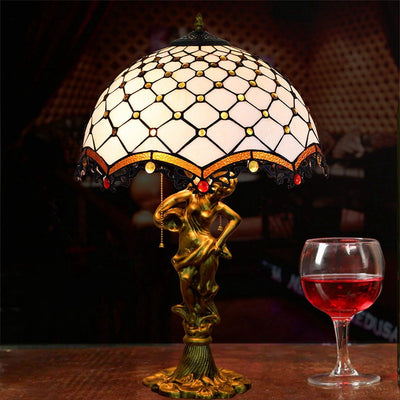 Traditionelle Tiffany-Legierung & Buntglas-Kuppel Damen-Skulpturenbasis 3-Licht Tischlampe für Wohnzimmer 