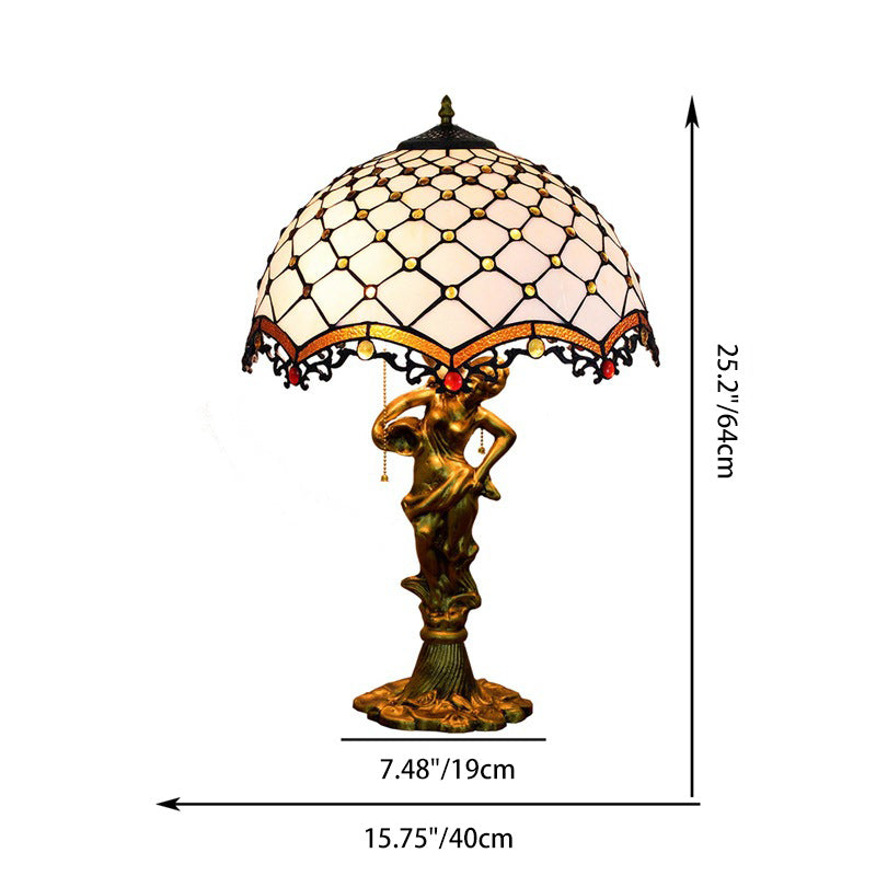 Traditionelle Tiffany-Legierung & Buntglas-Kuppel Damen-Skulpturenbasis 3-Licht Tischlampe für Wohnzimmer 