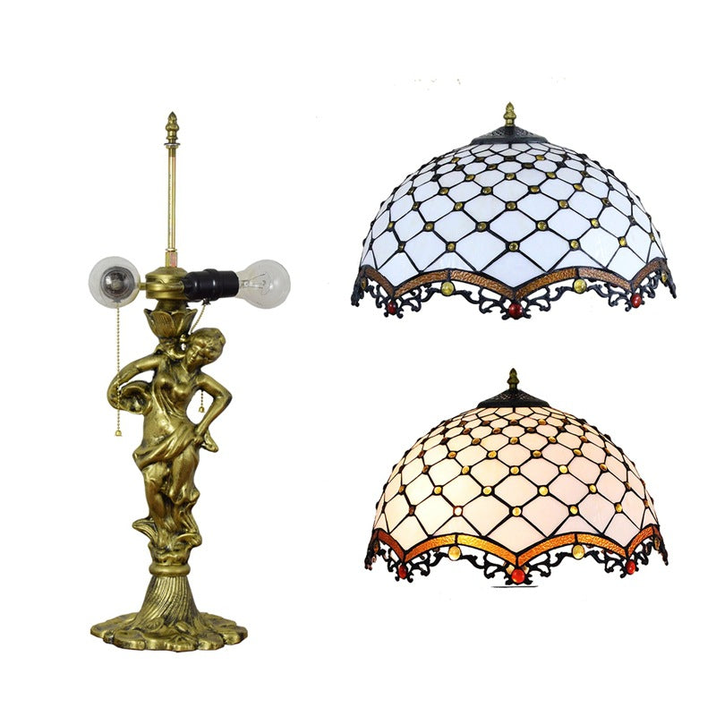 Traditionelle Tiffany-Legierung & Buntglas-Kuppel Damen-Skulpturenbasis 3-Licht Tischlampe für Wohnzimmer 