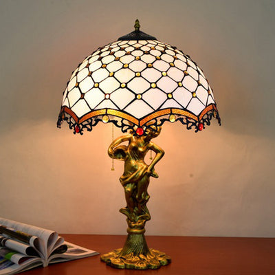 Traditionelle Tiffany-Legierung & Buntglas-Kuppel Damen-Skulpturenbasis 3-Licht Tischlampe für Wohnzimmer 