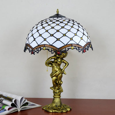 Traditionelle Tiffany-Legierung & Buntglas-Kuppel Damen-Skulpturenbasis 3-Licht Tischlampe für Wohnzimmer 
