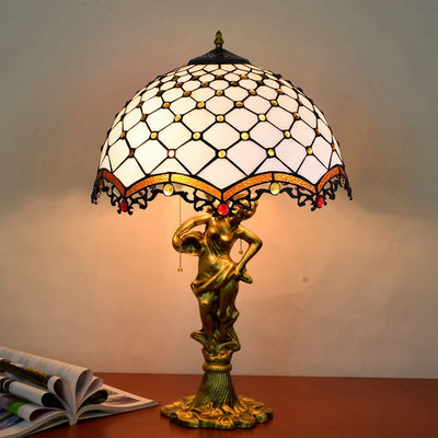 Traditionelle Tiffany-Legierung & Buntglas-Kuppel Damen-Skulpturenbasis 3-Licht Tischlampe für Wohnzimmer 