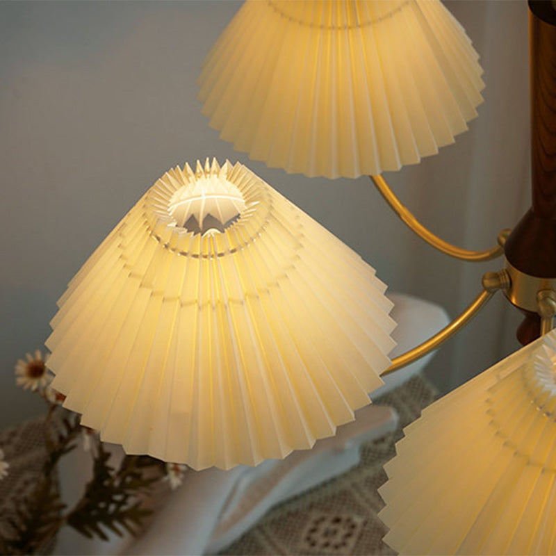 Moderner Mid-Century Messing & Holz PVC Faltenschirm 3/5-Licht Kronleuchter für Wohnzimmer 
