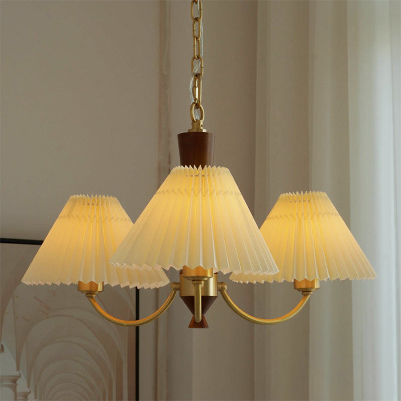 Moderna lámpara de araña de 3/5 luces con pantalla redonda plisada de PVC de latón y madera de mediados de siglo para sala de estar 