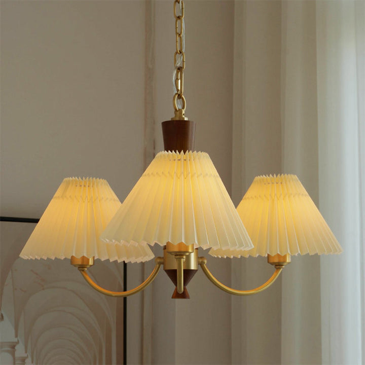 Moderna lámpara de araña de 3/5 luces con pantalla redonda plisada de PVC de latón y madera de mediados de siglo para sala de estar 