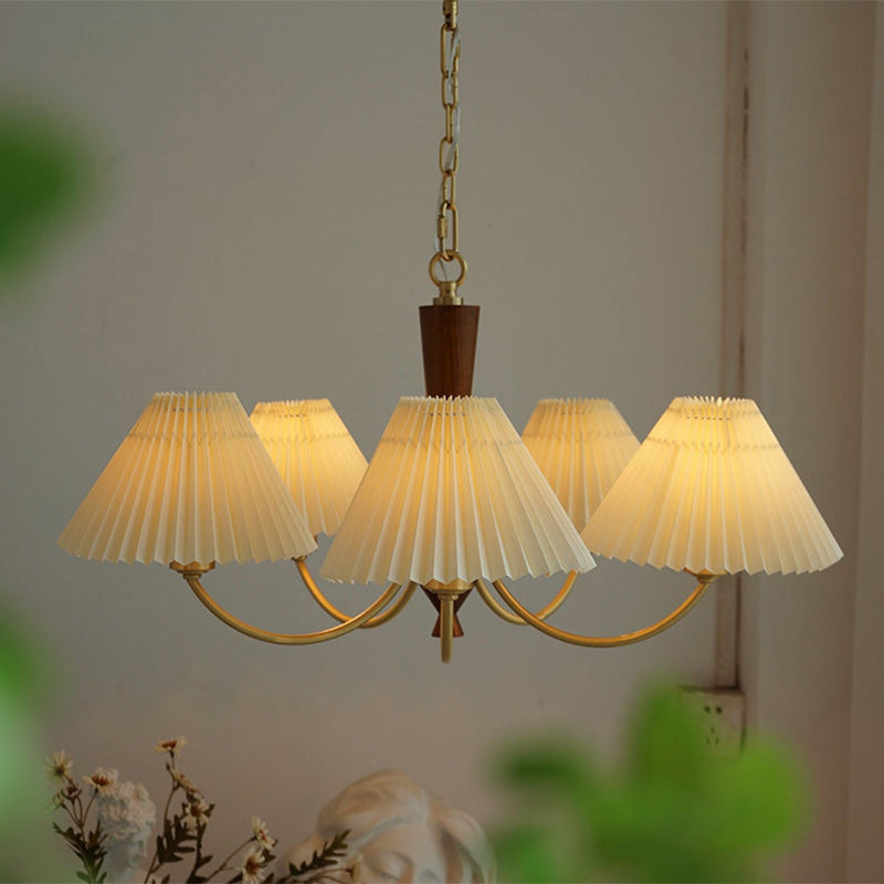 Moderna lámpara de araña de 3/5 luces con pantalla redonda plisada de PVC de latón y madera de mediados de siglo para sala de estar 
