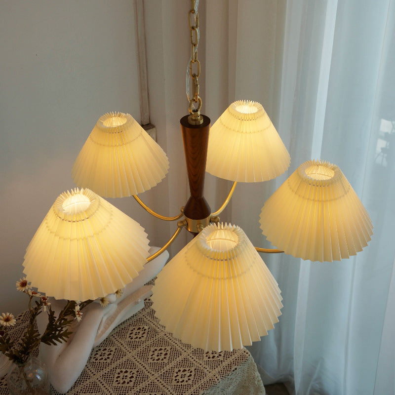 Moderna lámpara de araña de 3/5 luces con pantalla redonda plisada de PVC de latón y madera de mediados de siglo para sala de estar 