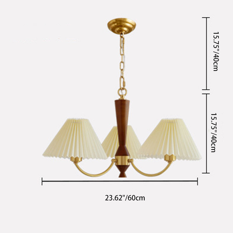 Moderna lámpara de araña de 3/5 luces con pantalla redonda plisada de PVC de latón y madera de mediados de siglo para sala de estar 